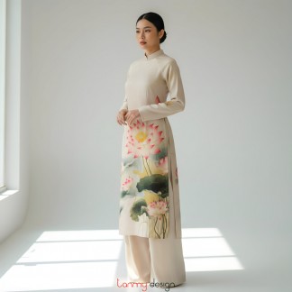 Áo dài nữ xuông, vải gấm dày ghi sáng L